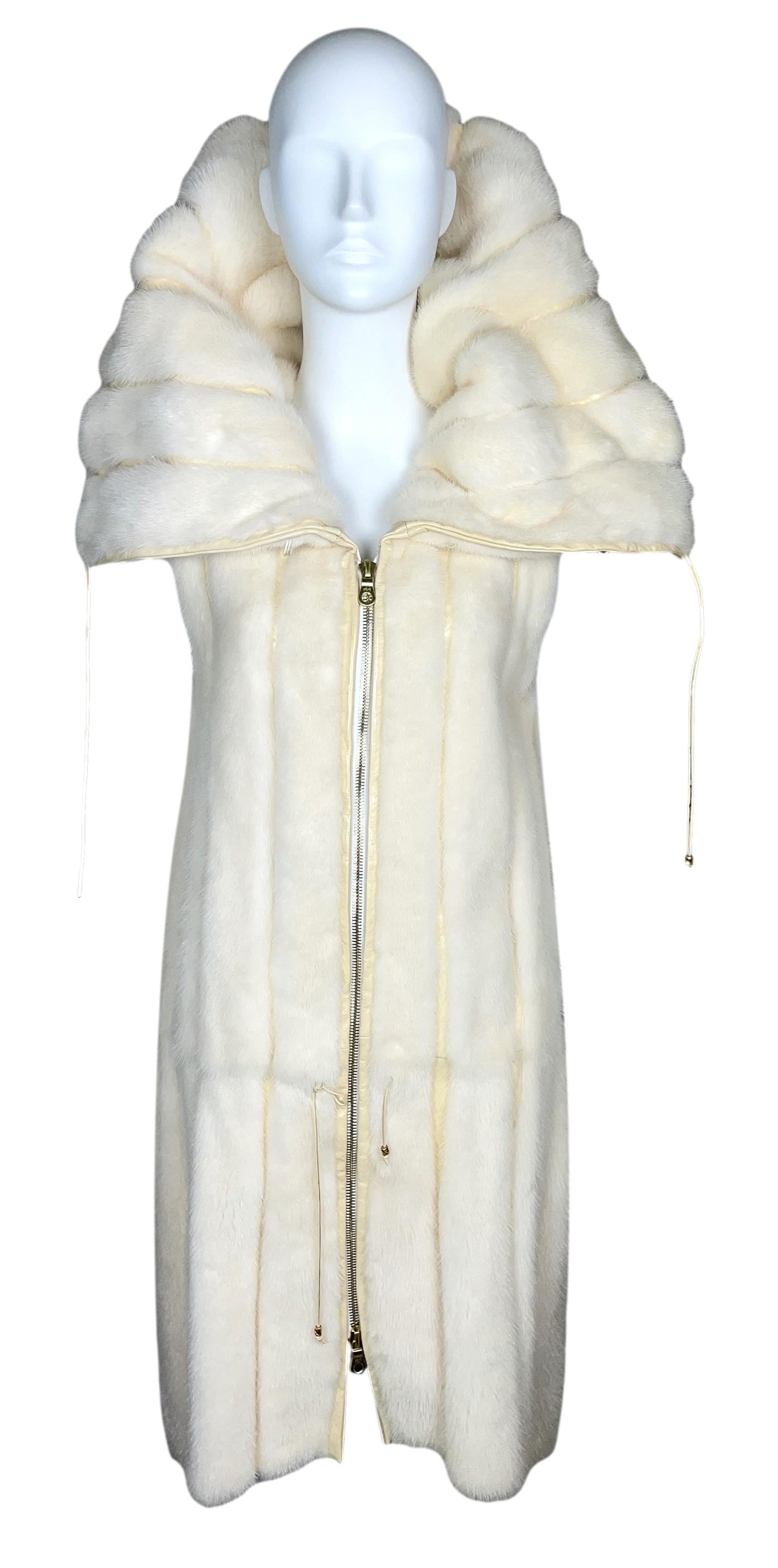 F/W 2002 Roberto Cavalli Runway Ivory Mink Fur High Collar Vest Dress Coat