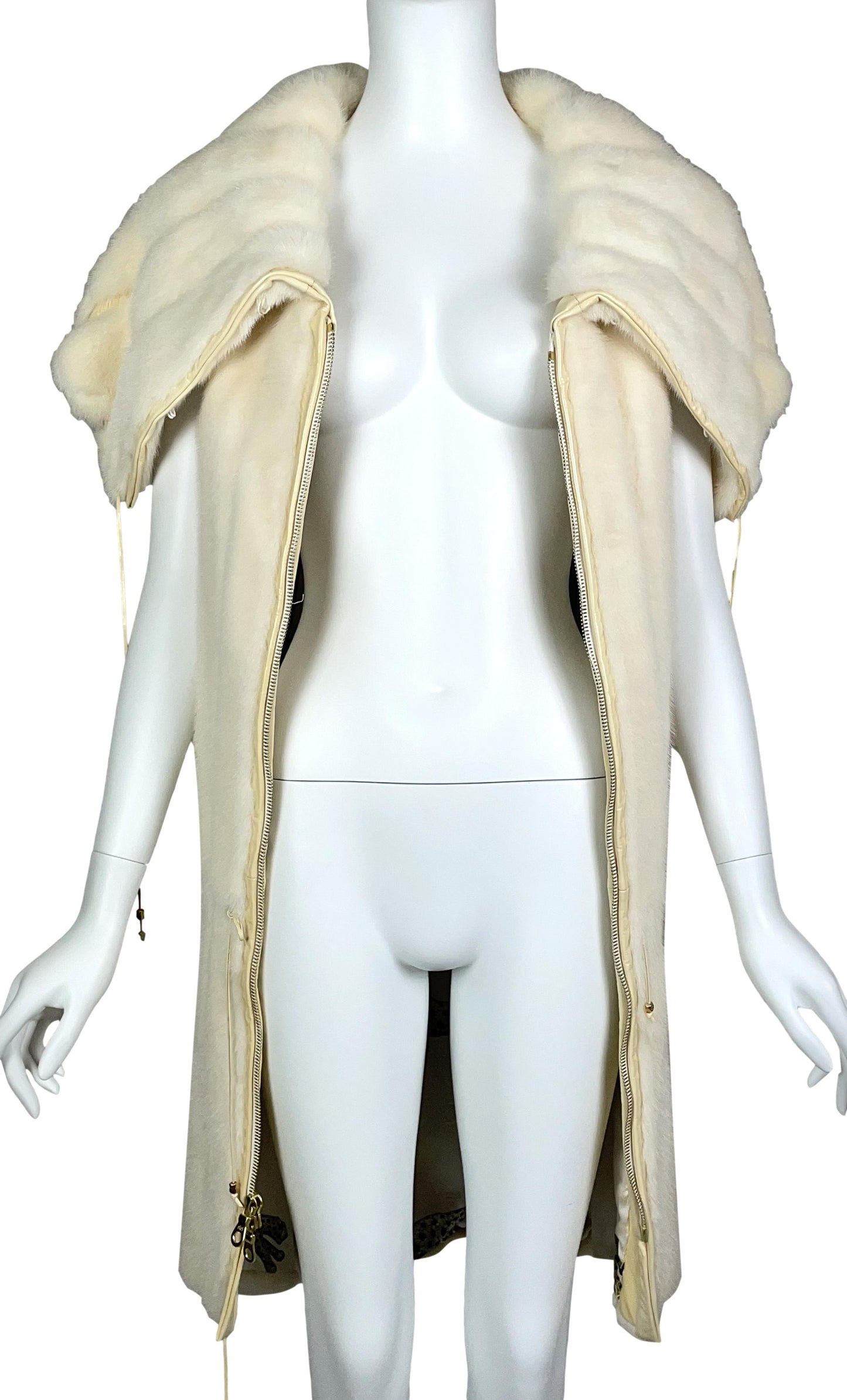 F/W 2002 Roberto Cavalli Runway Ivory Mink Fur High Collar Vest Dress Coat