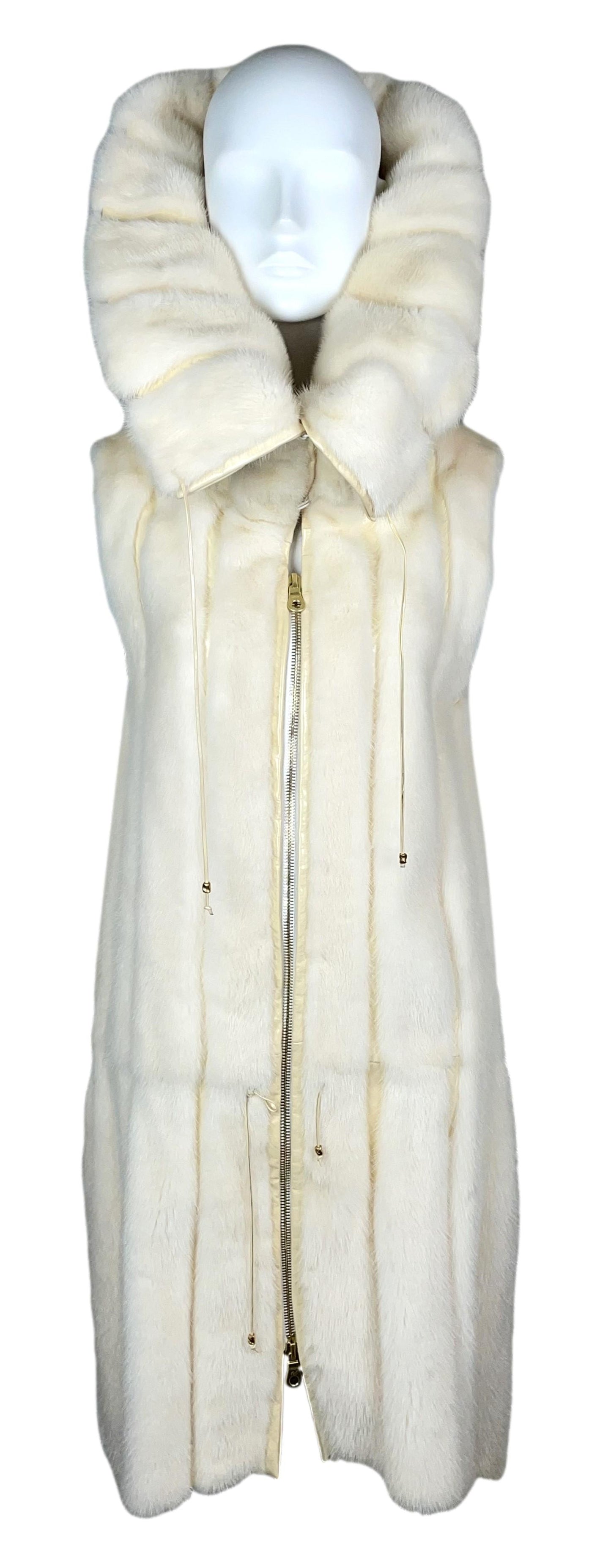 F/W 2002 Roberto Cavalli Runway Ivory Mink Fur High Collar Vest Dress Coat