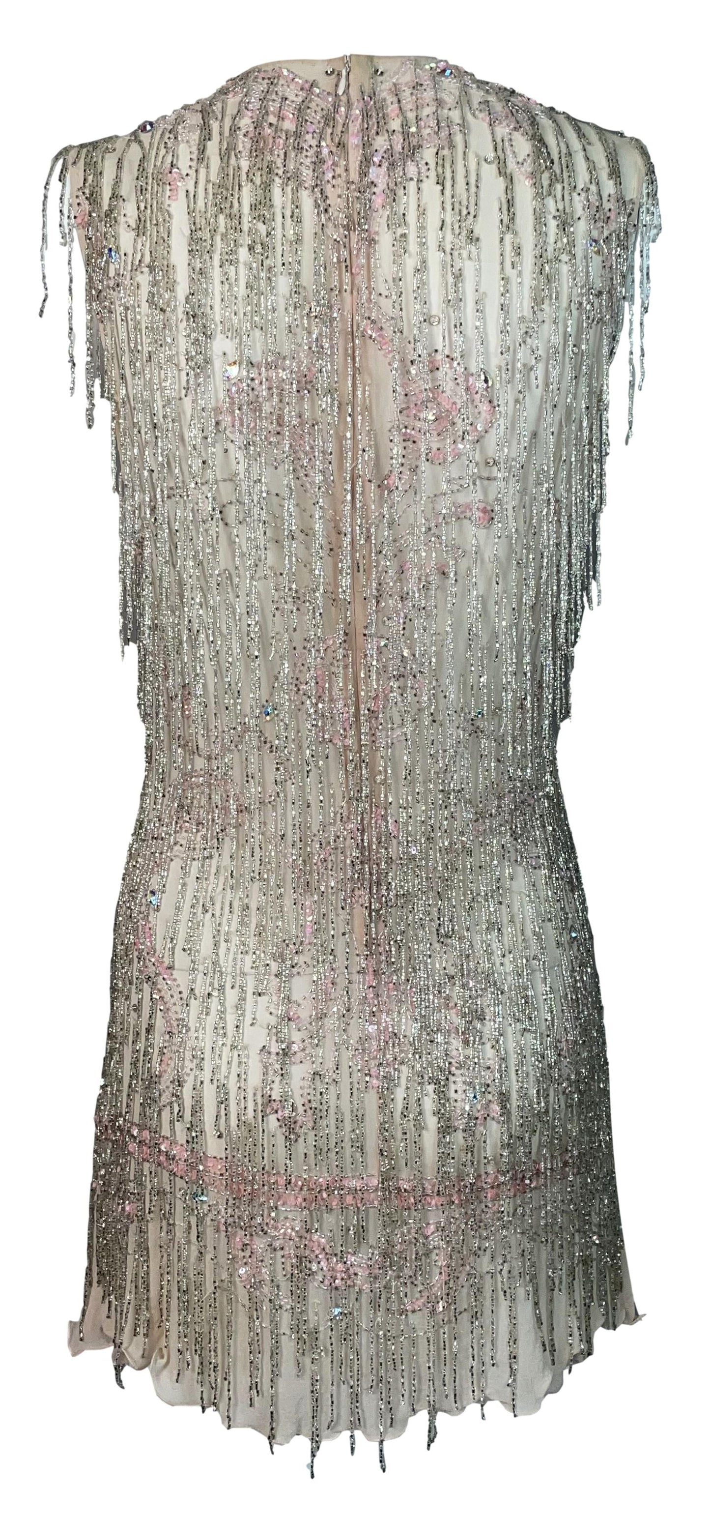 F/W 2002 Roberto Cavalli Sheer Pastel Pink Silk Crystal Beaded Fringe Mini Dress