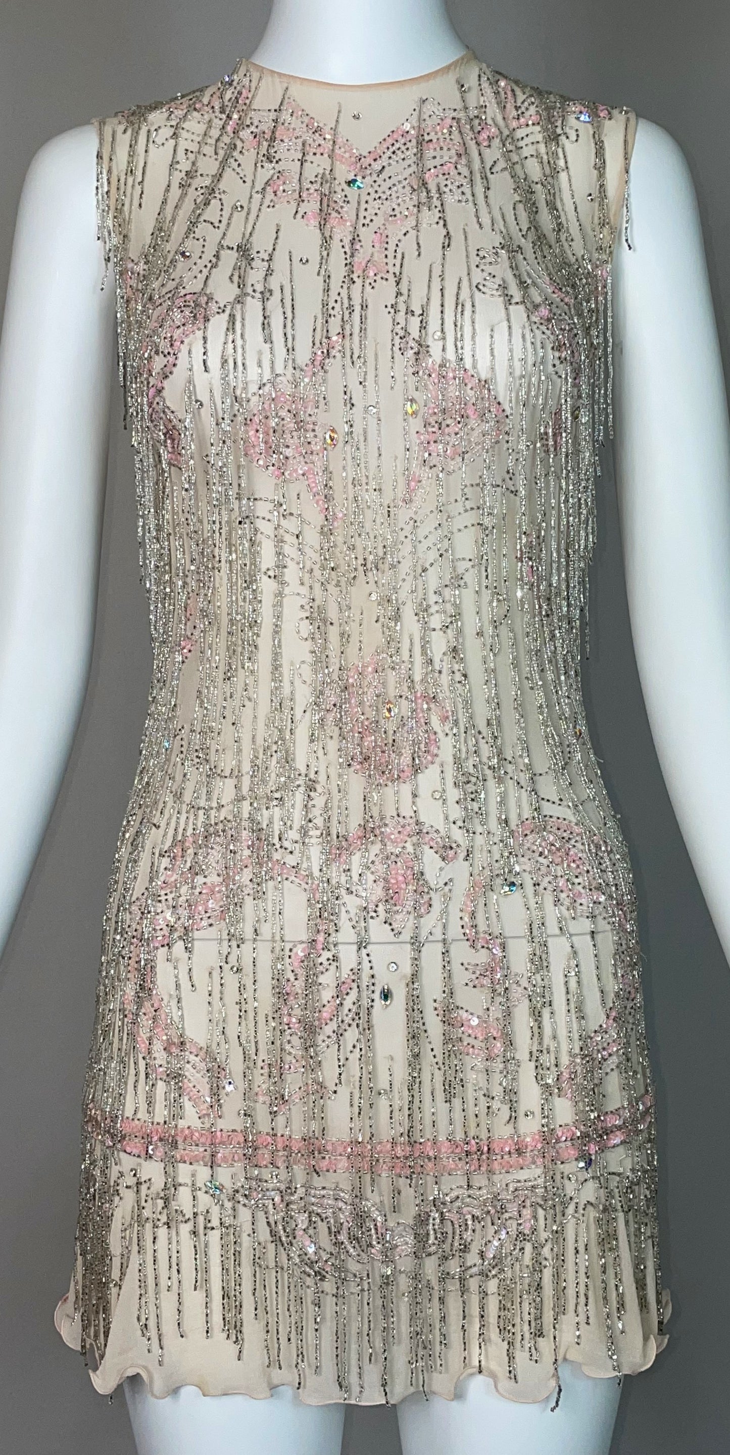 F/W 2002 Roberto Cavalli Sheer Pastel Pink Silk Crystal Beaded Fringe Mini Dress