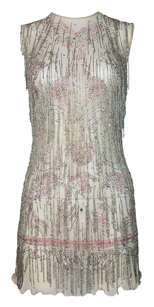 F/W 2002 Roberto Cavalli Sheer Pastel Pink Silk Crystal Beaded Fringe Mini Dress