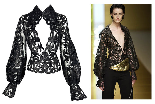F/W 2002 Valentino Runway Plunging Sheer Black Mesh & Leather Top Jacket