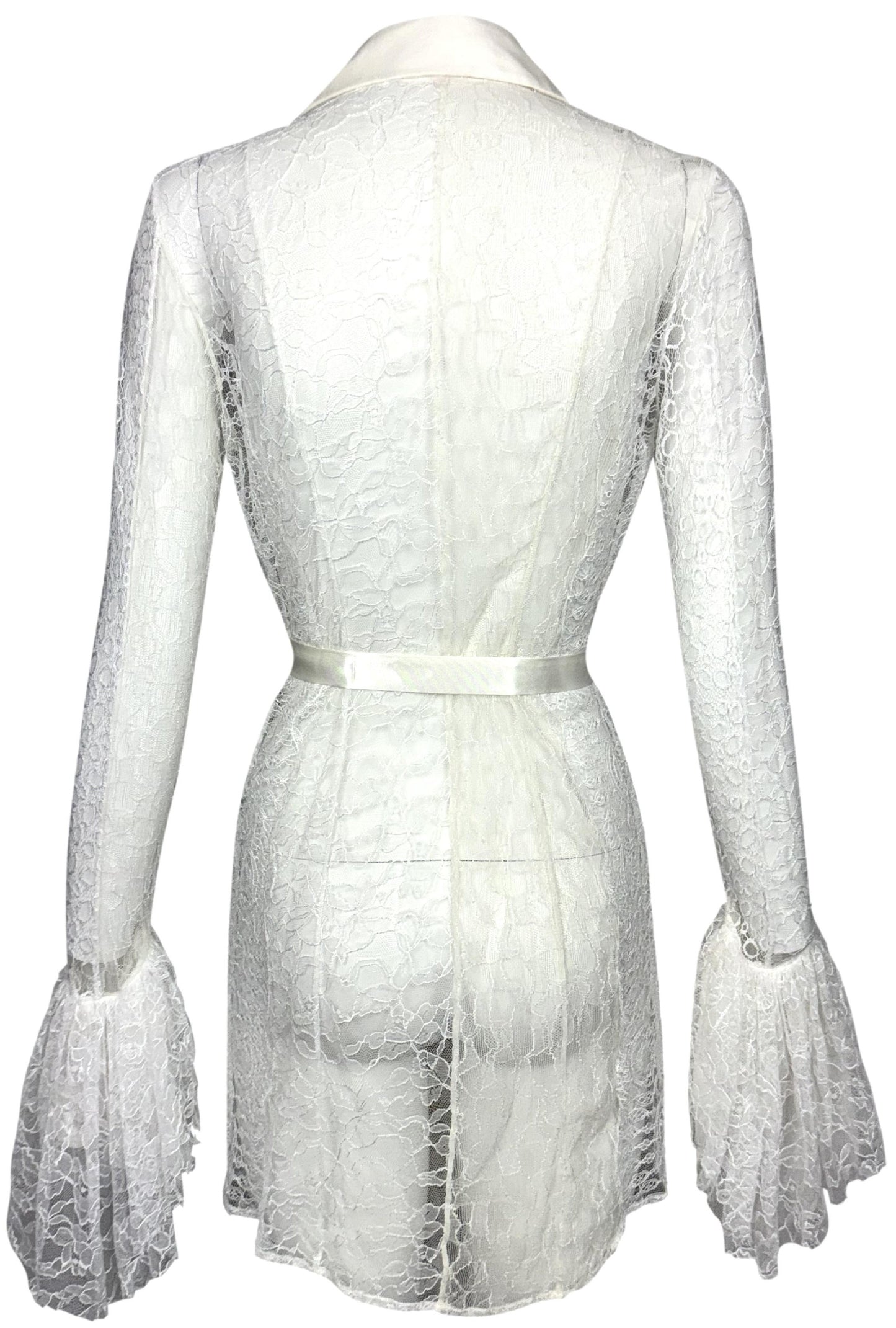 S/S 2002 Gianni Versace Plunging Sheer Ivory Lace Bell Sleeve Mini Dress Tunic