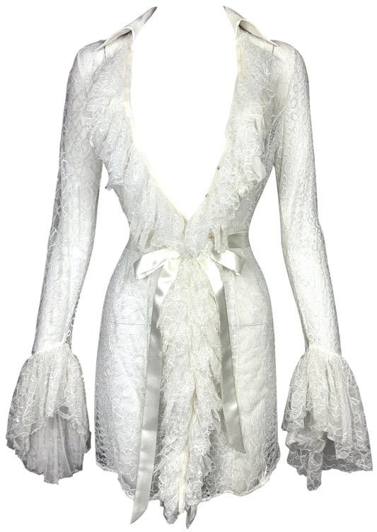 S/S 2002 Gianni Versace Plunging Sheer Ivory Lace Bell Sleeve Mini Dress Tunic