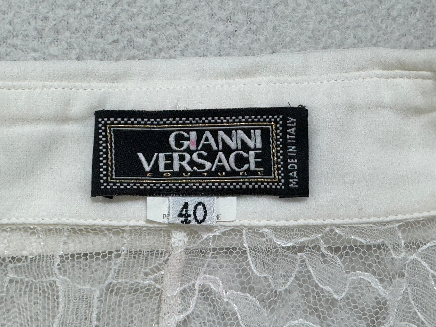S/S 2002 Gianni Versace Plunging Sheer Ivory Lace Bell Sleeve Mini Dress Tunic