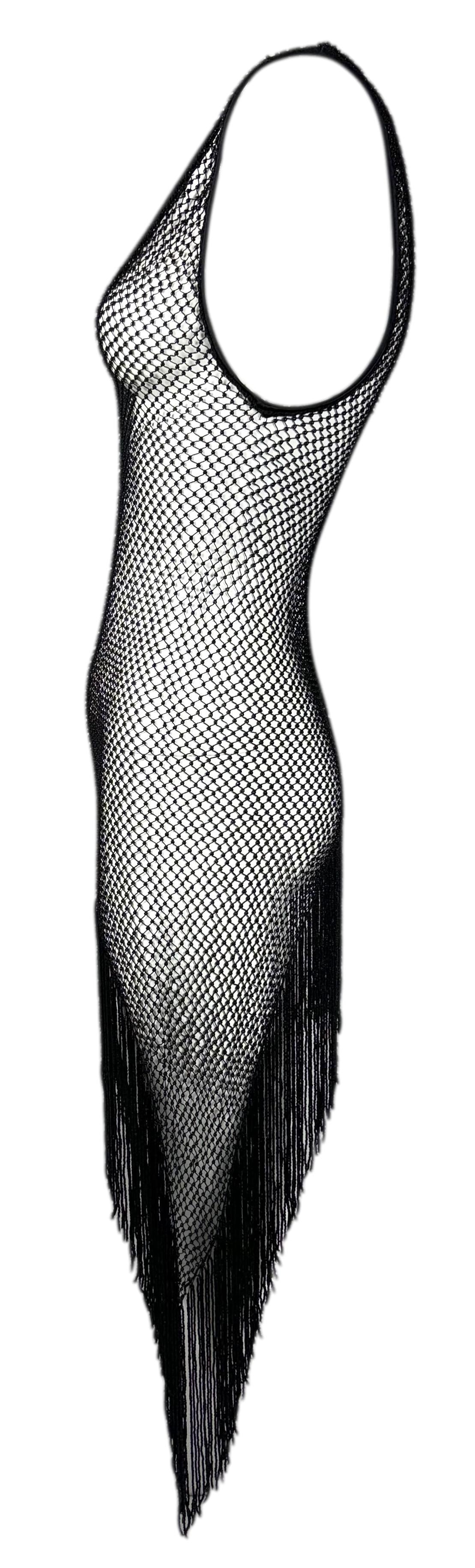 F/W 2002 Gucci by Tom Ford Plunging 20's Flapper Style Beaded Fringe Black Dress 38