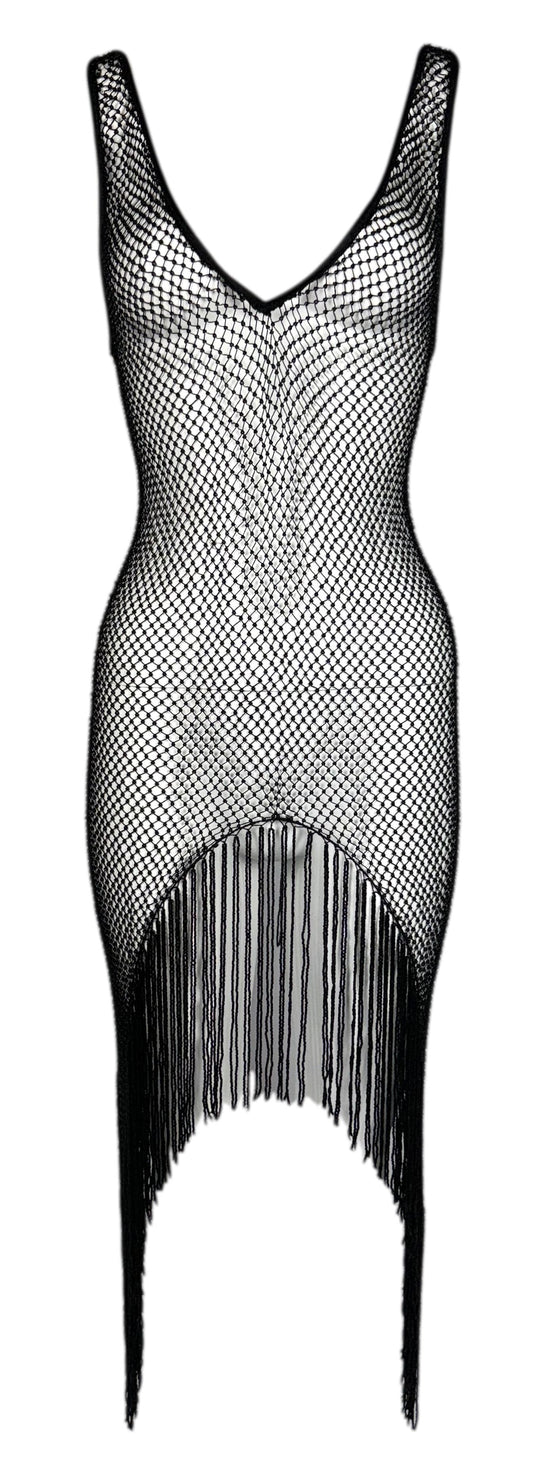 F/W 2002 Gucci by Tom Ford Plunging 20's Flapper Style Beaded Fringe Black Dress 38