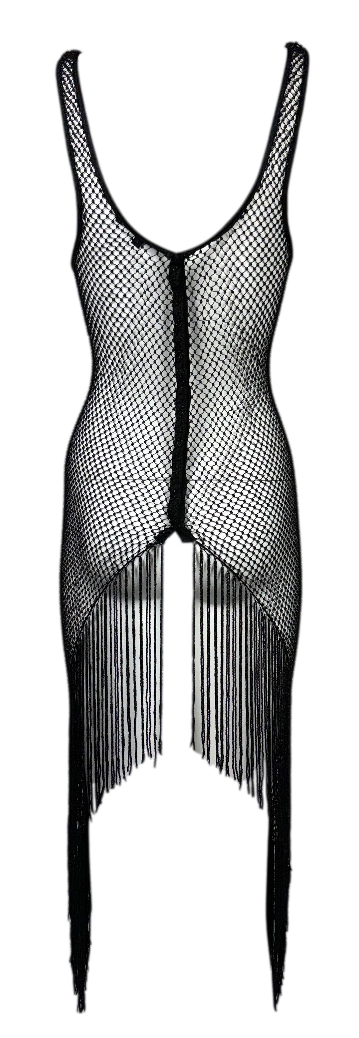 F/W 2002 Gucci by Tom Ford Plunging 20's Flapper Style Beaded Fringe Black Dress 38