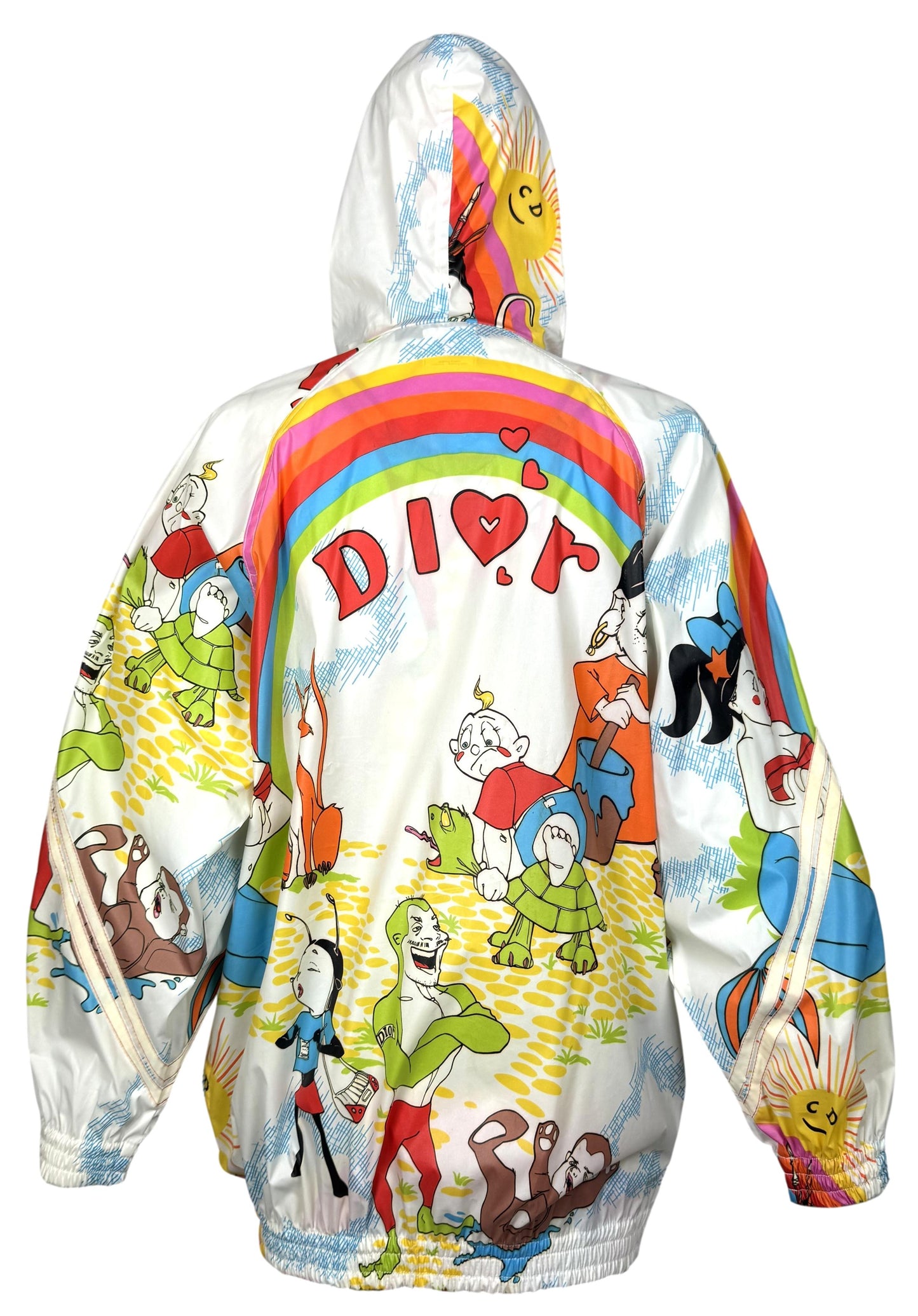 S/S 2002 Christian Dior x John Galliano RARE Rainbow Cartoon Print Baggy Hooded Jacket & Suspender Maxi Dress