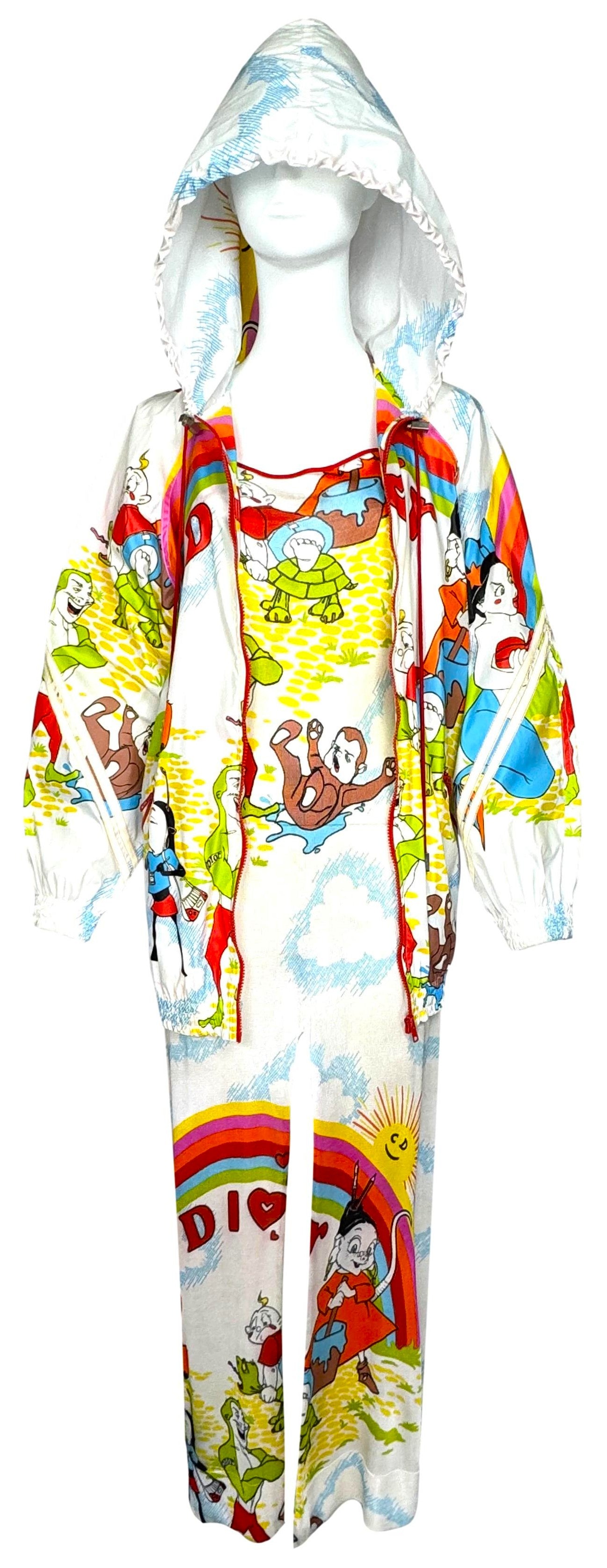 S/S 2002 Christian Dior x John Galliano RARE Rainbow Cartoon Print Baggy Hooded Jacket & Suspender Maxi Dress