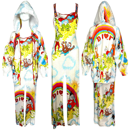 S/S 2002 Christian Dior x John Galliano RARE Rainbow Cartoon Print Baggy Hooded Jacket & Suspender Maxi Dress