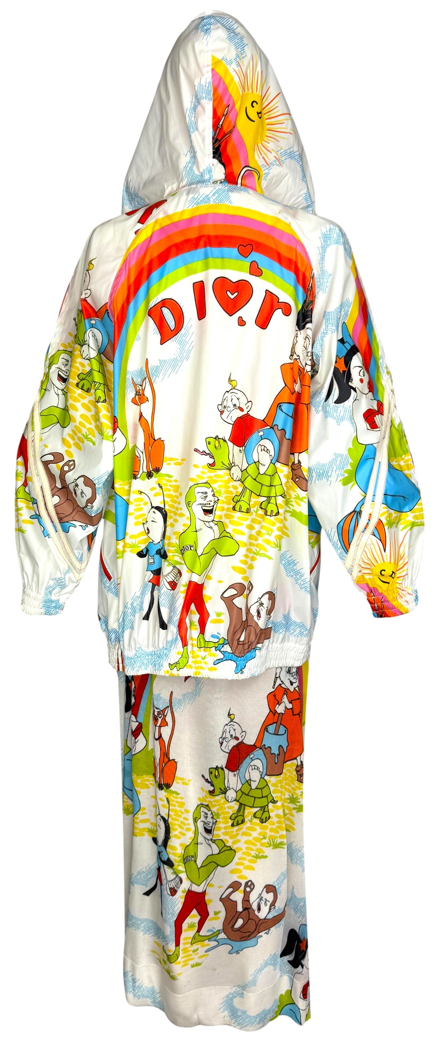 S/S 2002 Christian Dior x John Galliano RARE Rainbow Cartoon Print Baggy Hooded Jacket & Suspender Maxi Dress