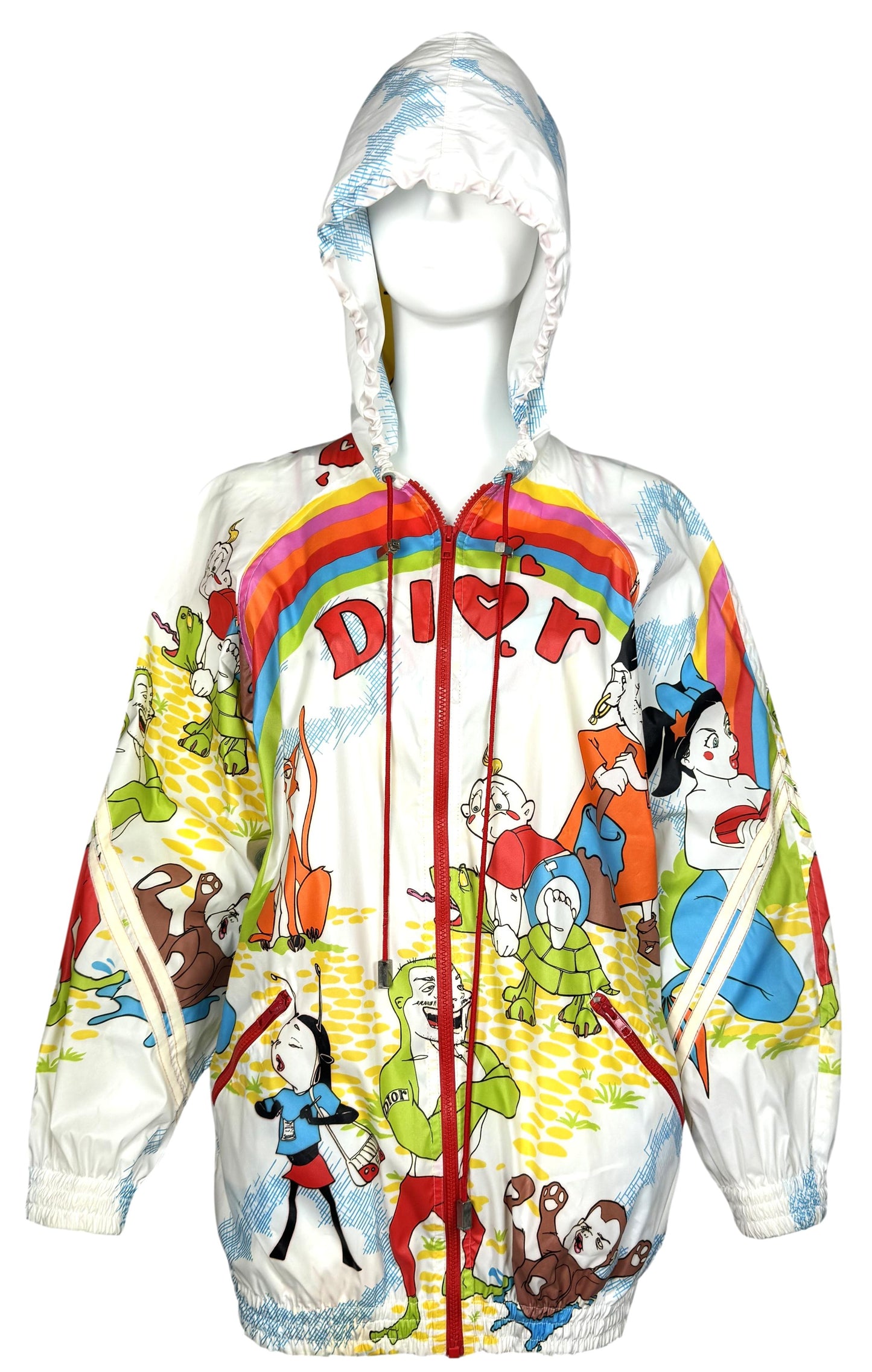 S/S 2002 Christian Dior x John Galliano RARE Rainbow Cartoon Print Baggy Hooded Jacket & Suspender Maxi Dress