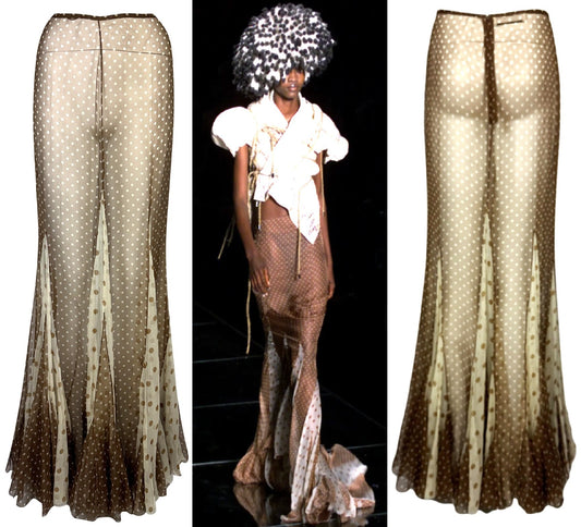 S/S 2002 Christian Dior x John Galliano Haute Couture Runway Sheer Brown & Ivory Polka Dot Silk Maxi Skirt