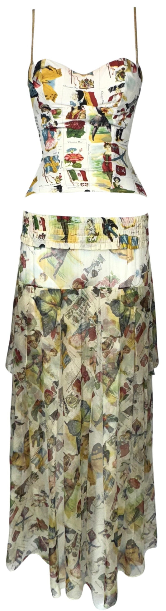 S/S 2002 Christian Dior x John Galliano Ivory Printed Bustier Corset Top & Sheer Silk Maxi Skirt Set