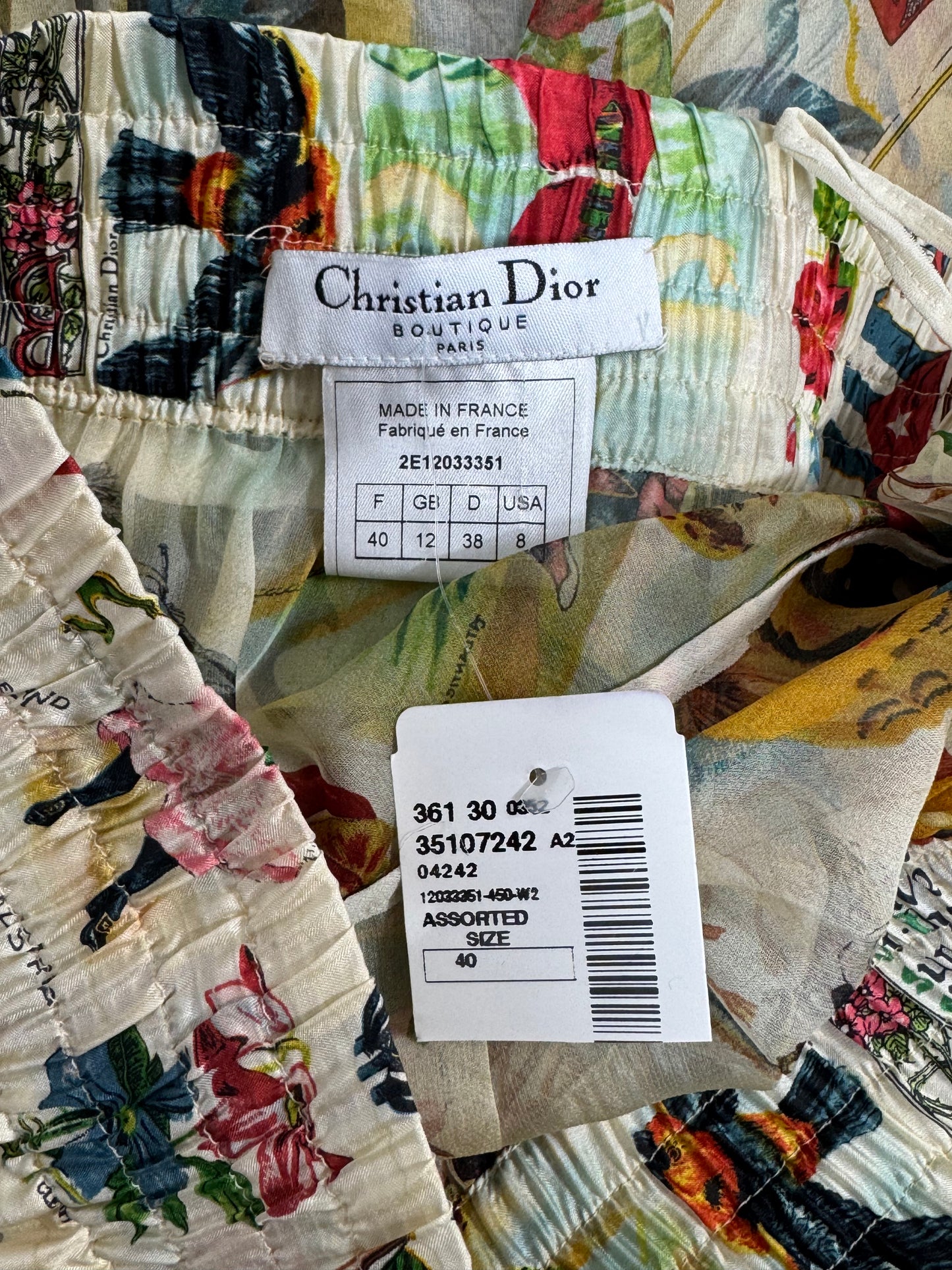 S/S 2002 Christian Dior x John Galliano Ivory Printed Bustier Corset Top & Sheer Silk Maxi Skirt Set