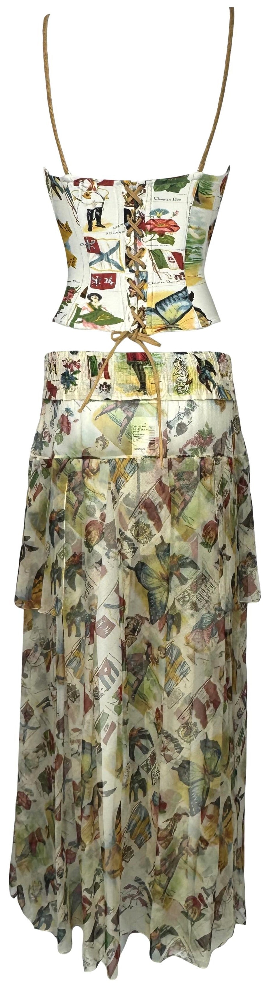 S/S 2002 Christian Dior x John Galliano Ivory Printed Bustier Corset Top & Sheer Silk Maxi Skirt Set