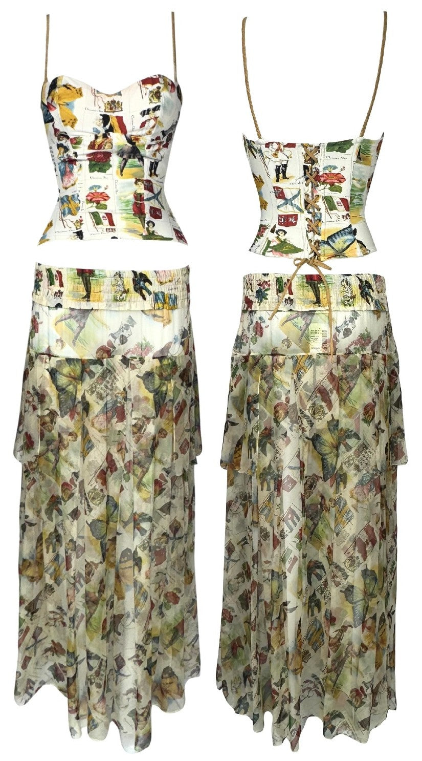 S/S 2002 Christian Dior x John Galliano Ivory Printed Bustier Corset Top & Sheer Silk Maxi Skirt Set