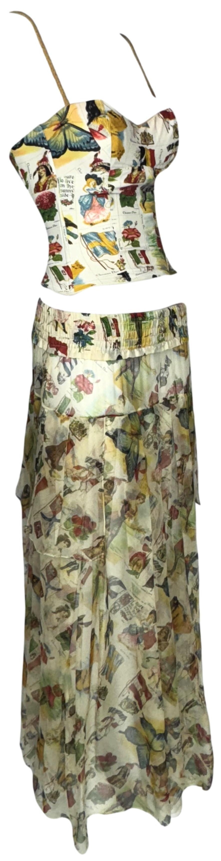 S/S 2002 Christian Dior x John Galliano Ivory Printed Bustier Corset Top & Sheer Silk Maxi Skirt Set