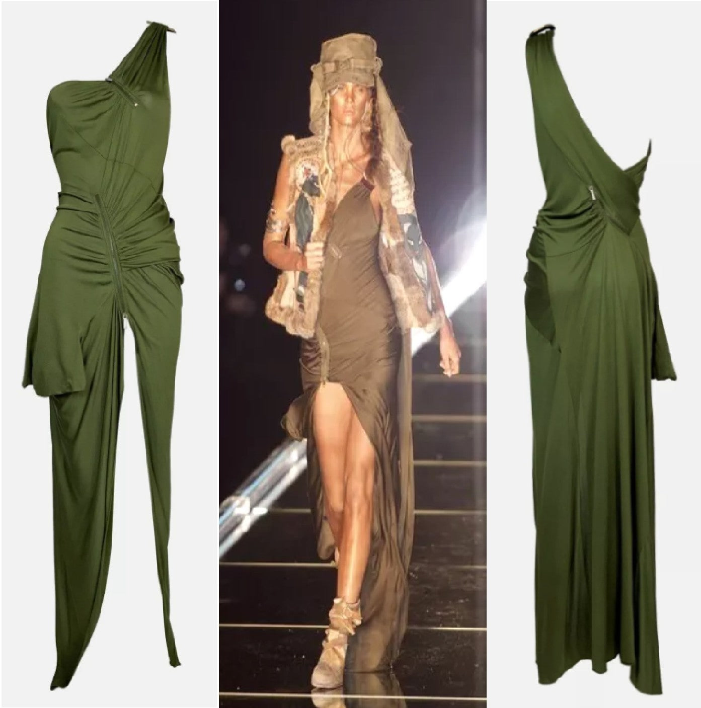 S/S 2002 Christian Dior by John Galliano Runway Green High Slit Grecian One Shoulder Maxi Dress