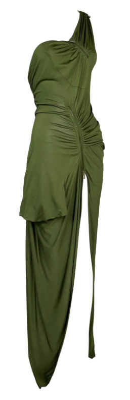 S/S 2002 Christian Dior by John Galliano Runway Green High Slit Grecian One Shoulder Maxi Dress