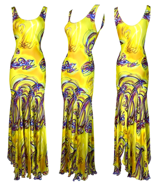S/S 2002 Christian Dior by John Galliano Neon Yellow Spray Paint Graffiti Silk Maxi Dress