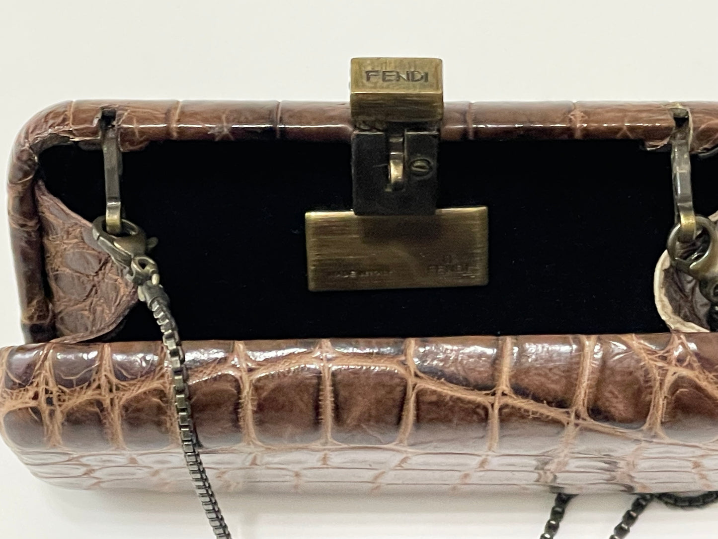 S/S 2002 Fendi by Karl Lagerfeld Runway Brown Crocodile Minaudiere Clutch Handbag