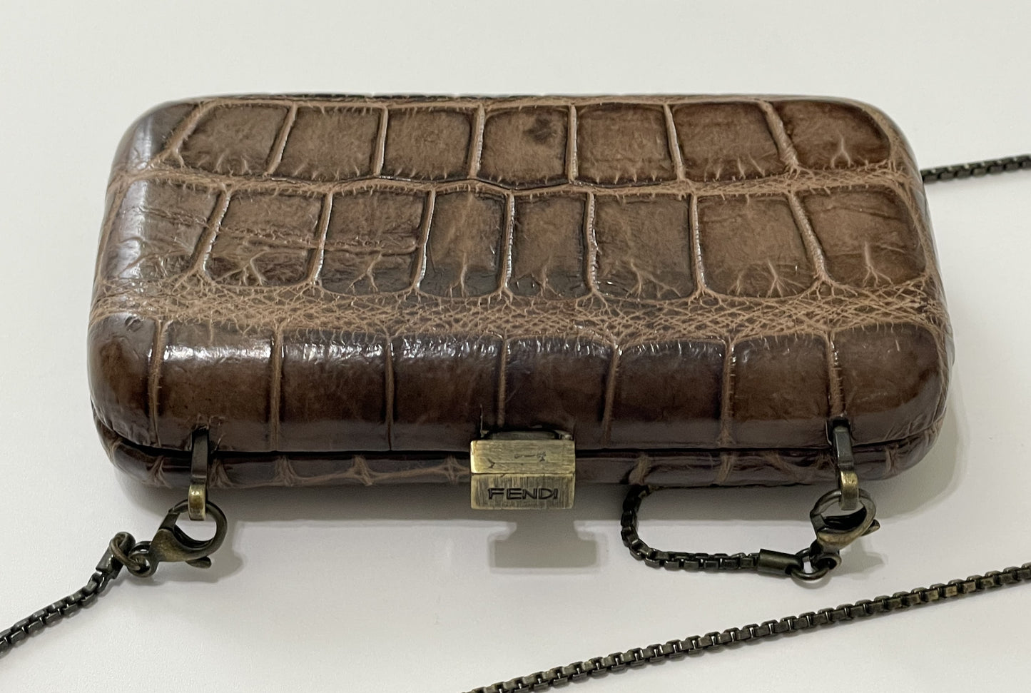 S/S 2002 Fendi by Karl Lagerfeld Runway Brown Crocodile Minaudiere Clutch Handbag