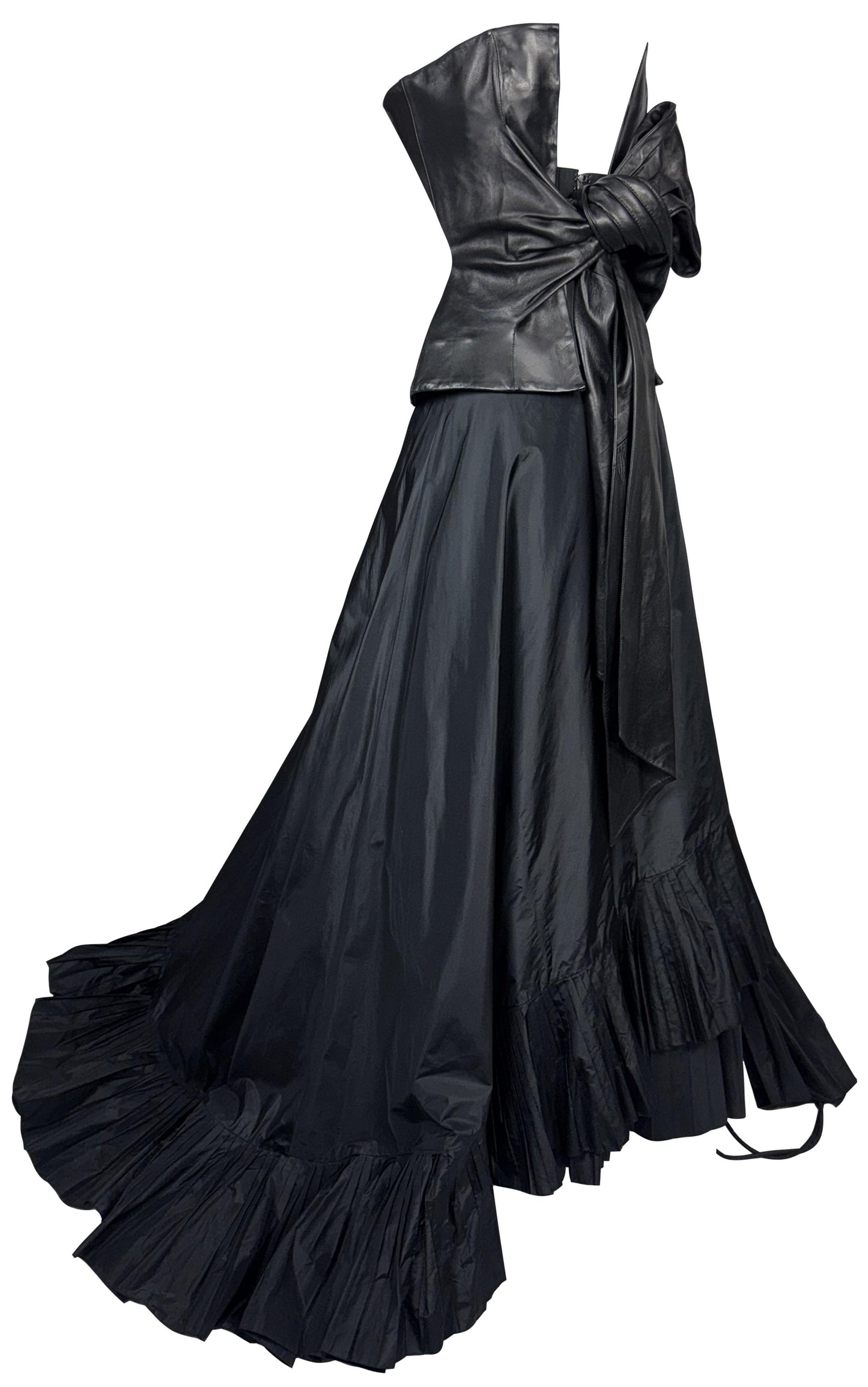 S/S 2002 Gianfranco Ferre Runway Black Leather Plunging Open Bustier Top & Maxi Skirt w Train Set
