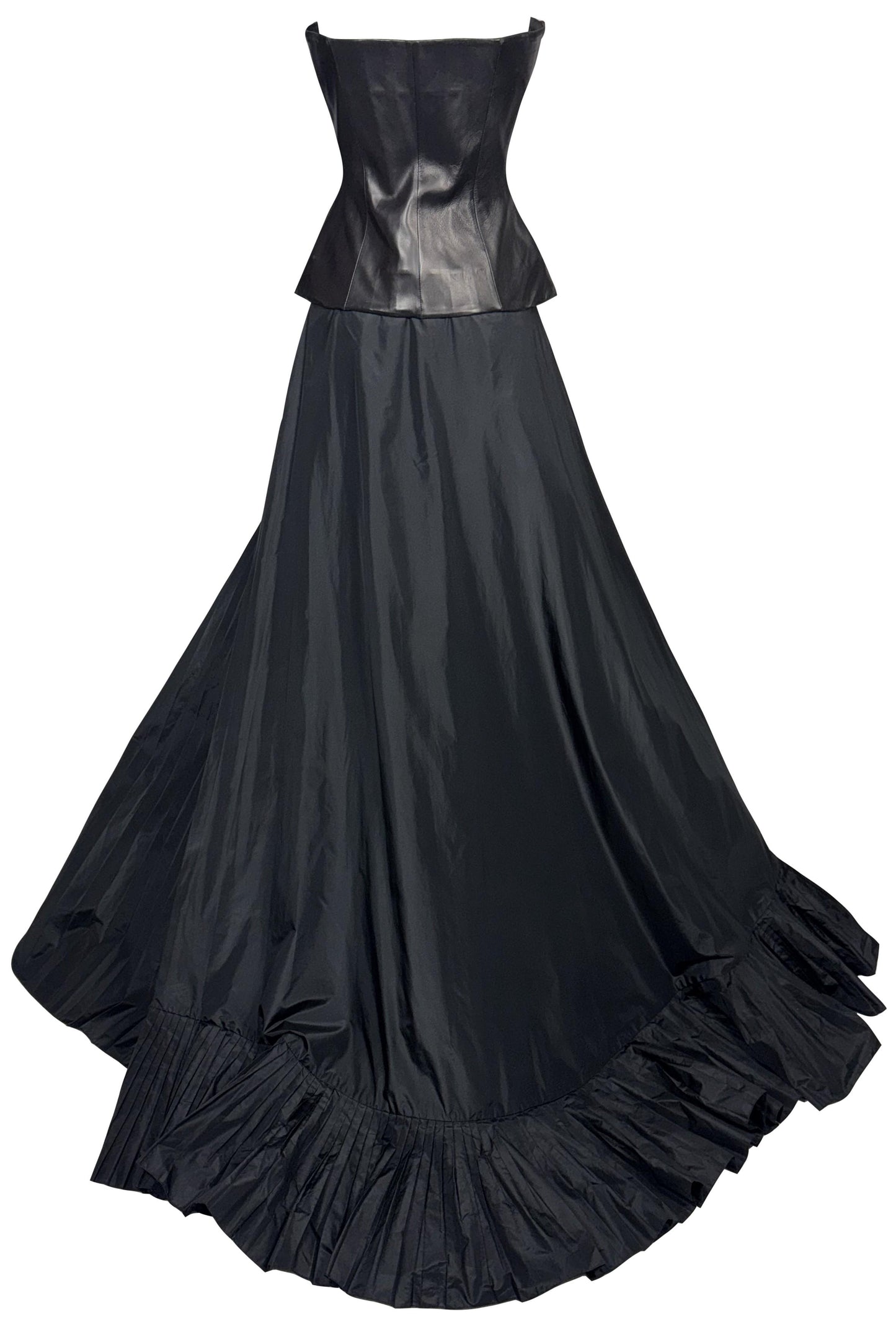 S/S 2002 Gianfranco Ferre Runway Black Leather Plunging Open Bustier Top & Maxi Skirt w Train Set