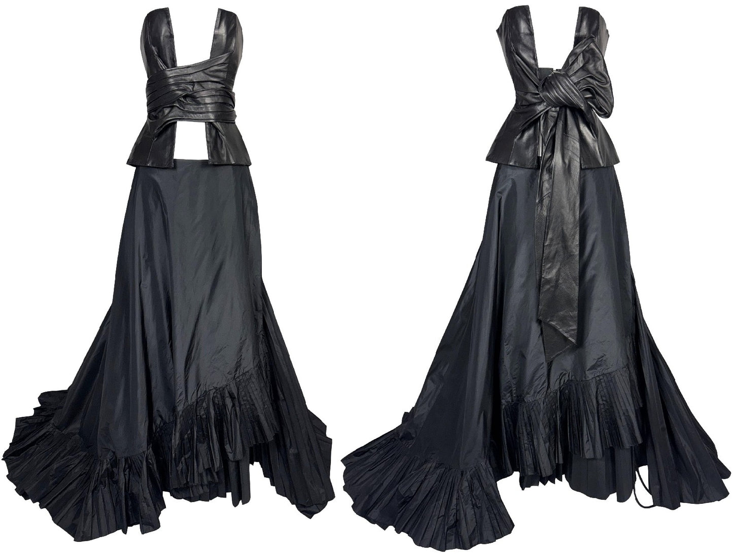 S/S 2002 Gianfranco Ferre Runway Black Leather Plunging Open Bustier Top & Maxi Skirt w Train Set