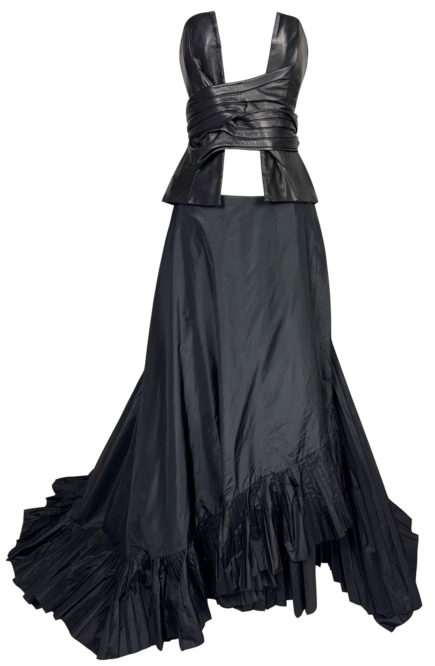 S/S 2002 Gianfranco Ferre Runway Black Leather Plunging Open Bustier Top & Maxi Skirt w Train Set
