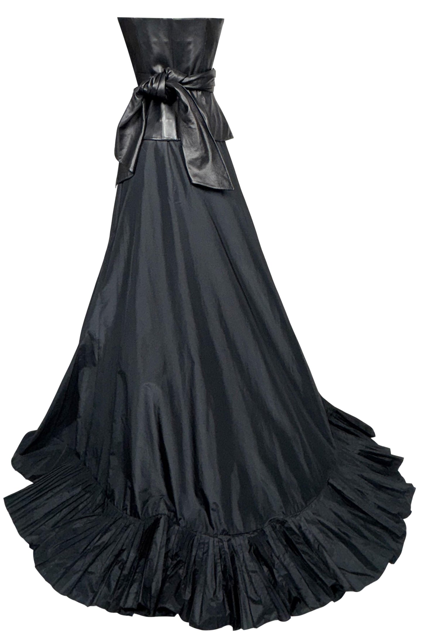 S/S 2002 Gianfranco Ferre Runway Black Leather Plunging Open Bustier Top & Maxi Skirt w Train Set