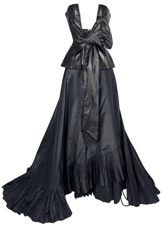 S/S 2002 Gianfranco Ferre Runway Black Leather Plunging Open Bustier Top & Maxi Skirt w Train Set