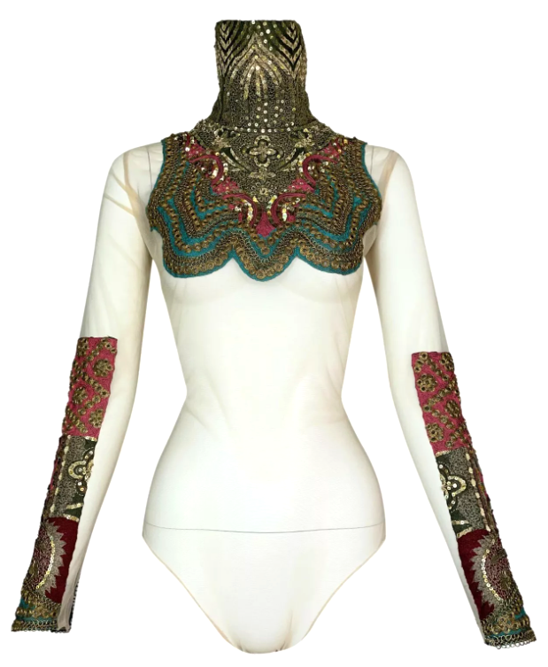S/S 2002 Gianfranco Ferre Runway Sheer Nude Embellished Moroccan Bodysuit Top