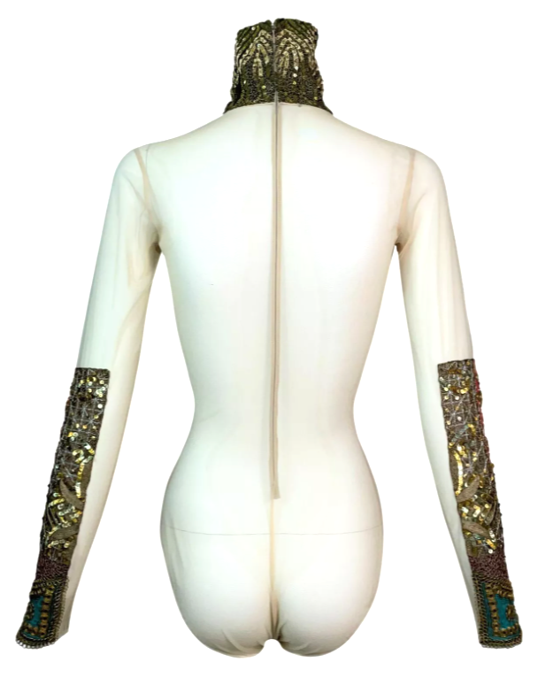 S/S 2002 Gianfranco Ferre Runway Sheer Nude Embellished Moroccan Bodysuit Top