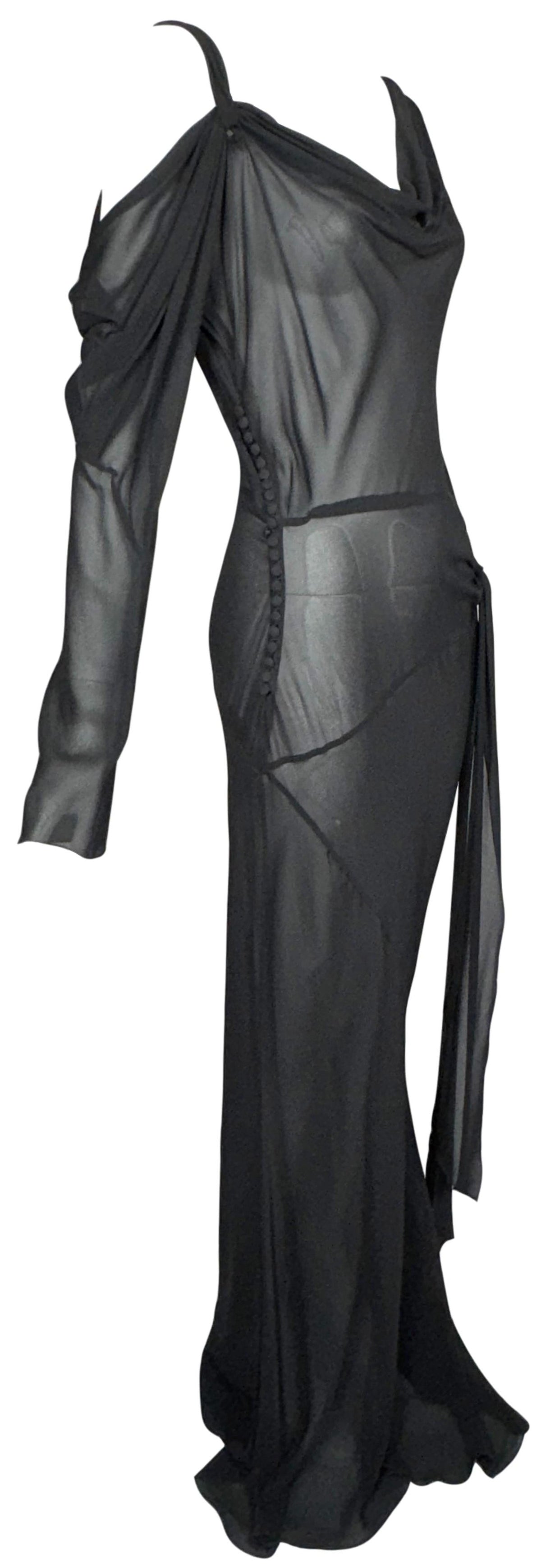 S/S 2002 John Galliano Sheer Black 1920's Flapper Style Drop Waist Off Shoulder One Sleeve Extra Long Gown Dress