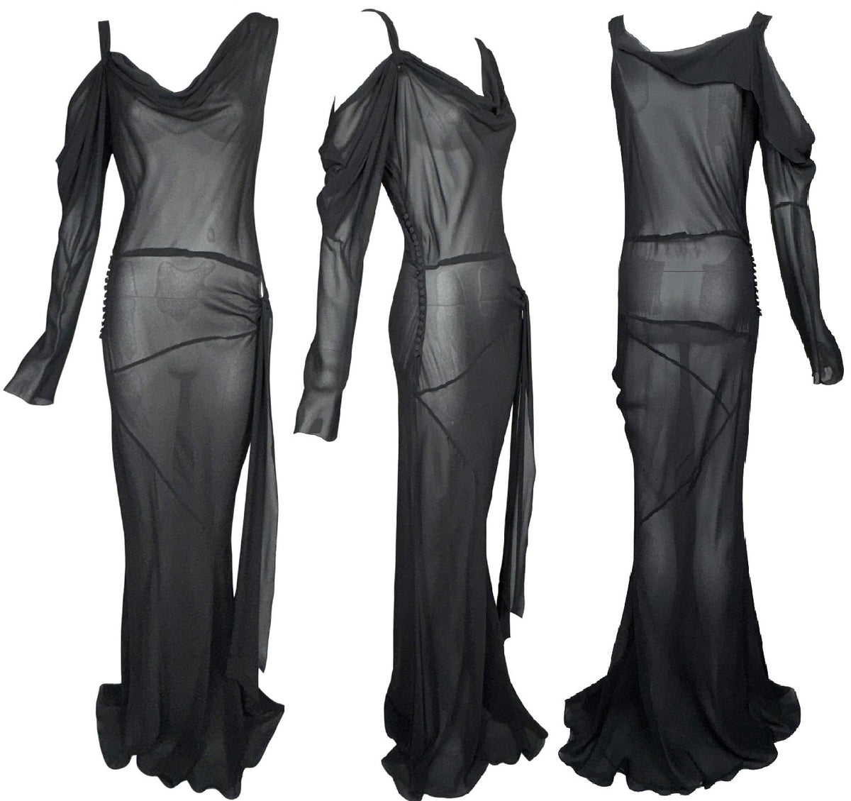 S/S 2002 John Galliano Sheer Black 1920's Flapper Style Drop Waist Off Shoulder One Sleeve Extra Long Gown Dress
