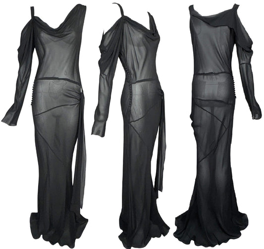 S/S 2002 John Galliano Sheer Black 1920's Flapper Style Drop Waist Off Shoulder One Sleeve Extra Long Gown Dress