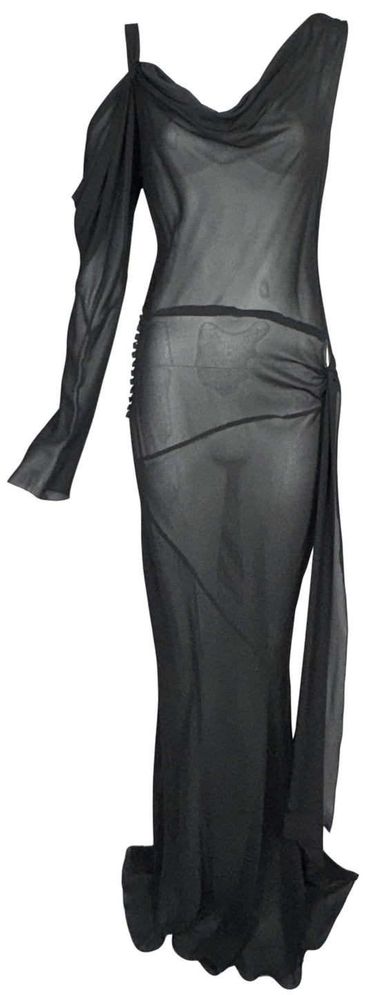 S/S 2002 John Galliano Sheer Black 1920's Flapper Style Drop Waist Off Shoulder One Sleeve Extra Long Gown Dress