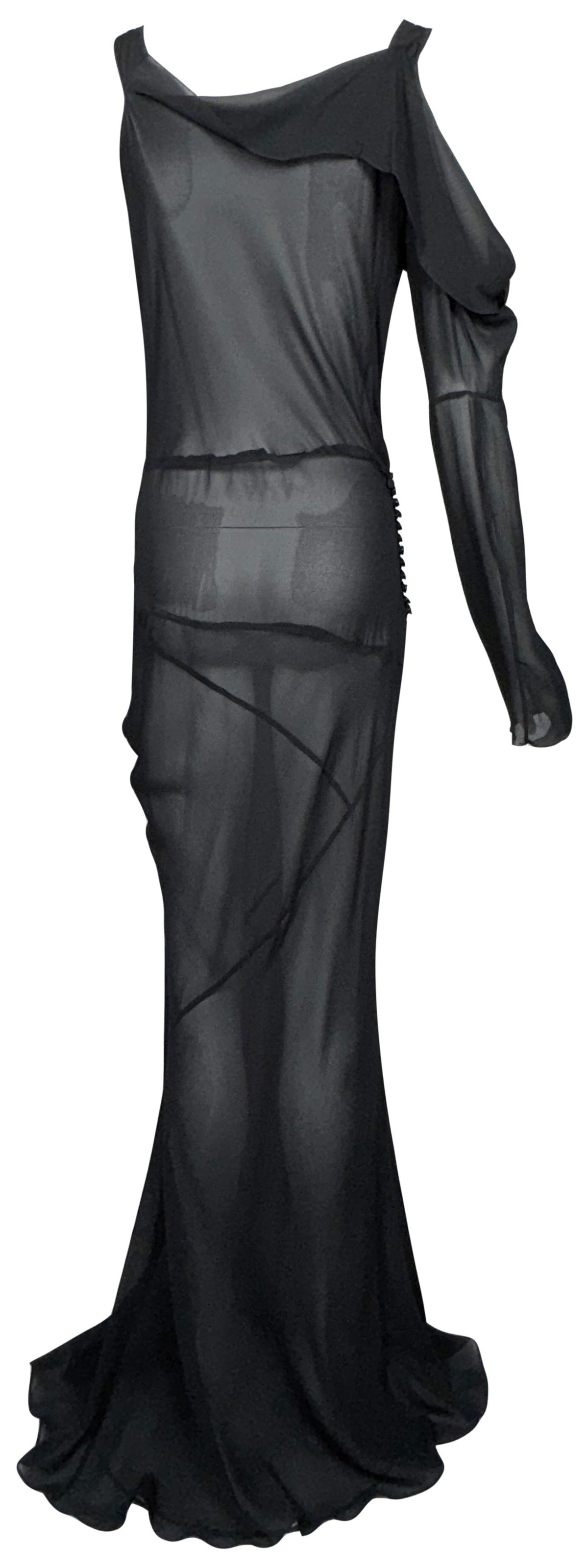 S/S 2002 John Galliano Sheer Black 1920's Flapper Style Drop Waist Off Shoulder One Sleeve Extra Long Gown Dress