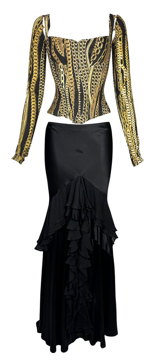 2000's Roberto Cavalli Black & Gold Chain Print Corset Top & Silk Maxi Skirt w Train Set