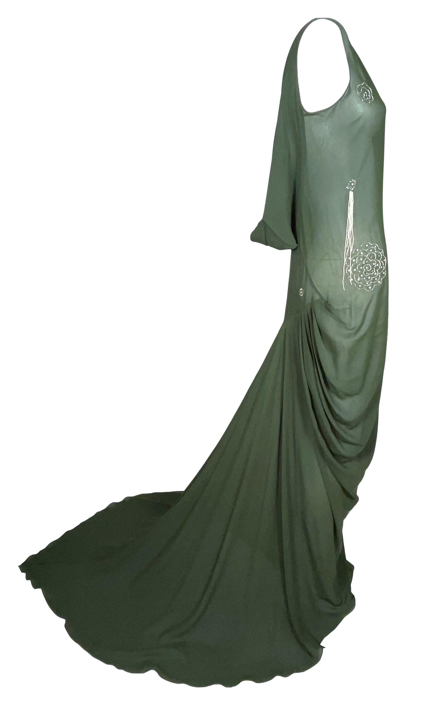 S/S 2003 John Galliano 20's Flapper Style Sheer Green Silk Embellished Gown Dress w Train