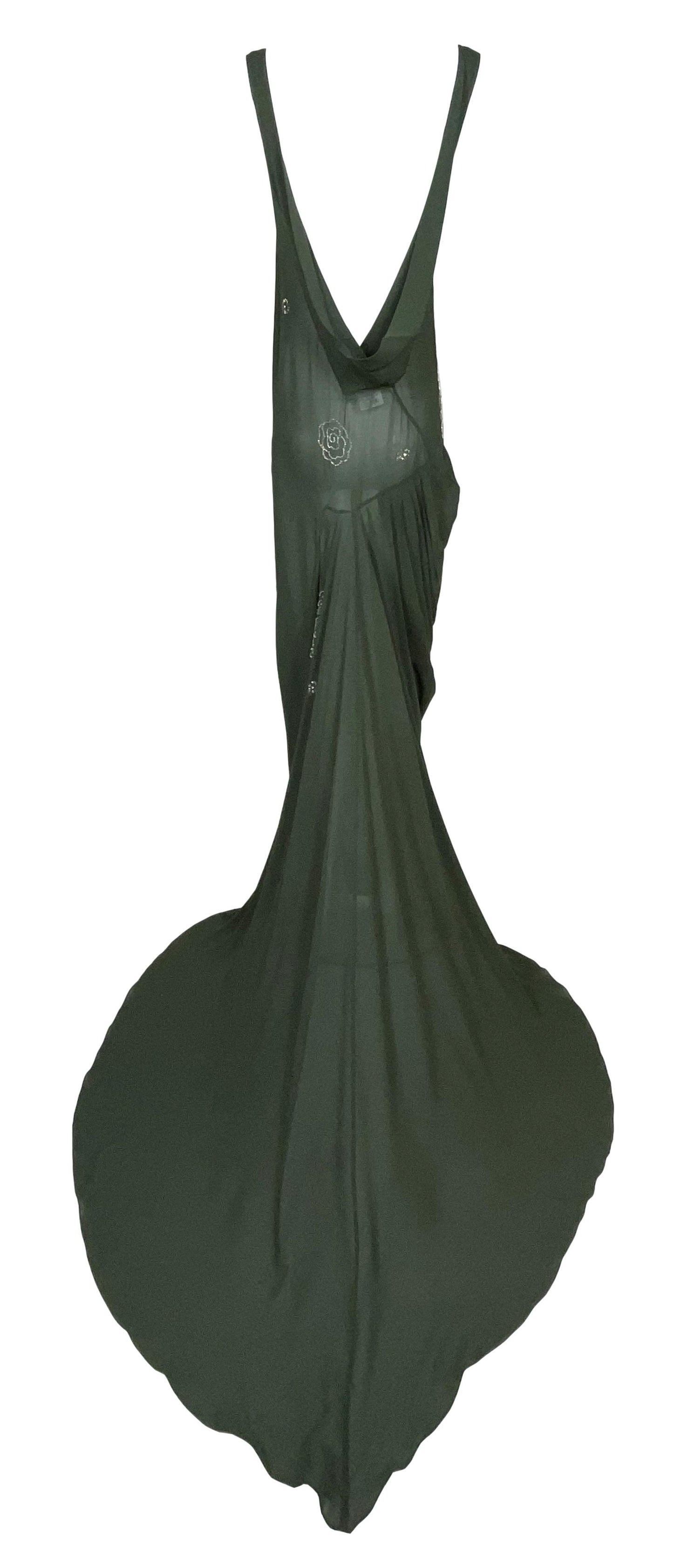 S/S 2003 John Galliano 20's Flapper Style Sheer Green Silk Embellished Gown Dress w Train