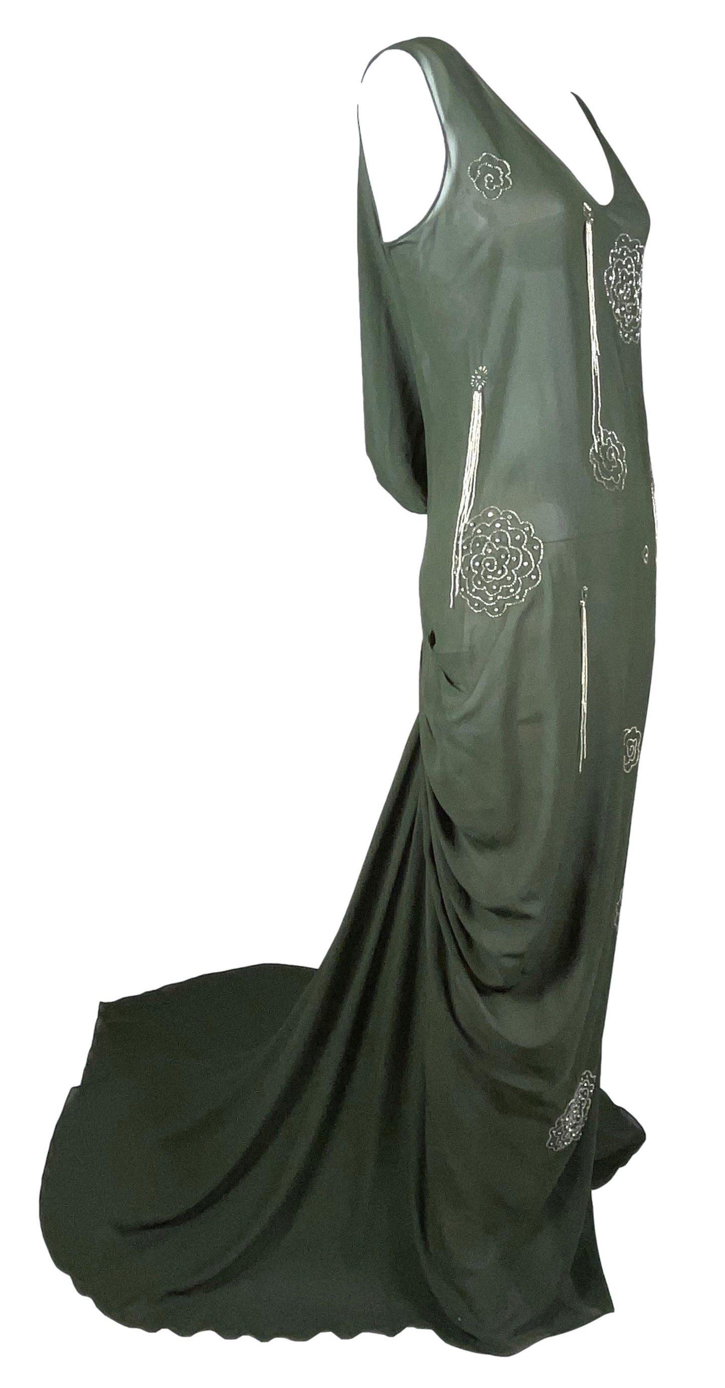 S/S 2003 John Galliano 20's Flapper Style Sheer Green Silk Embellished Gown Dress w Train