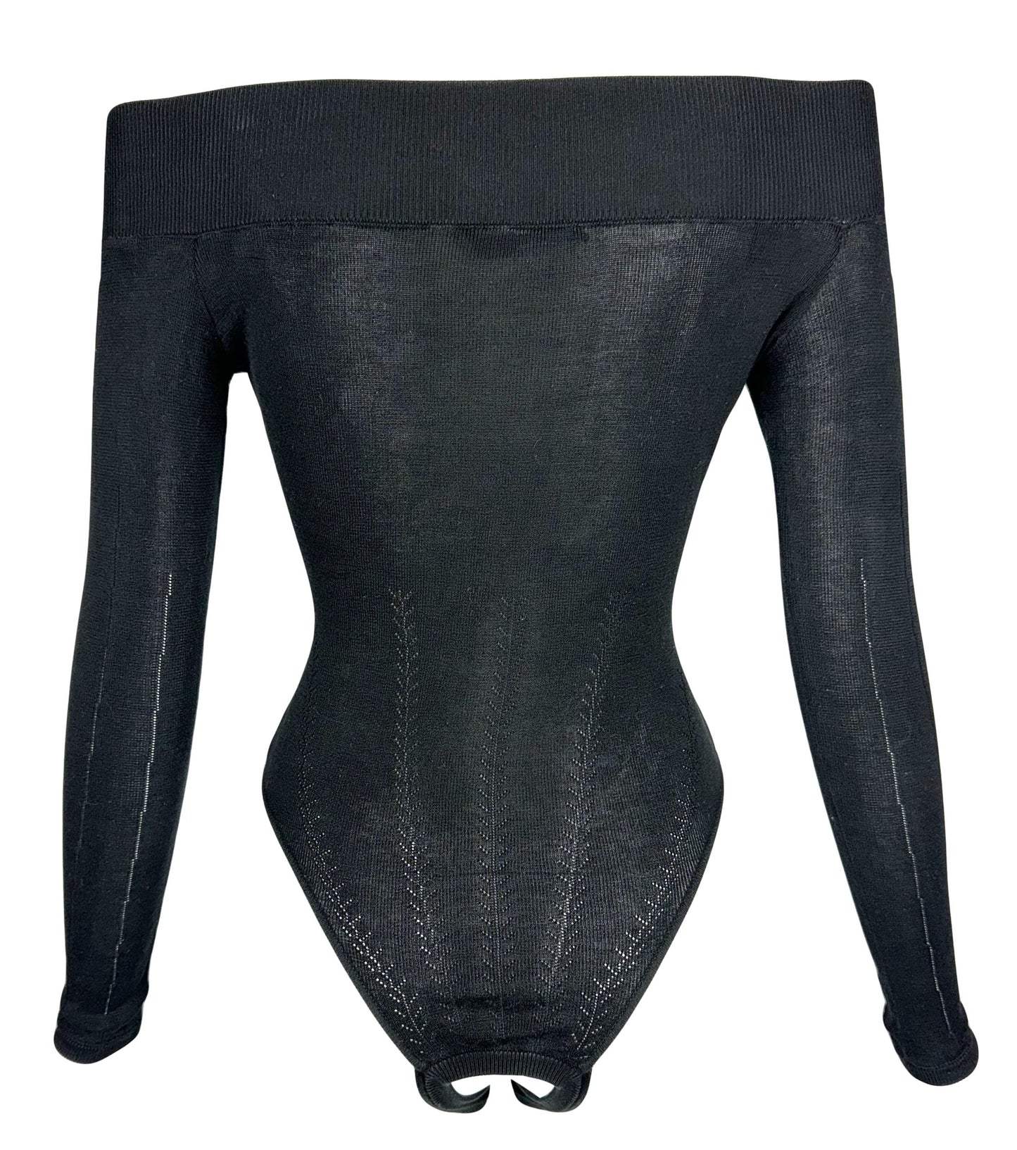 2003 Alexander McQueen Black Off Shoulder L/S Crotchless Bodysuit Top