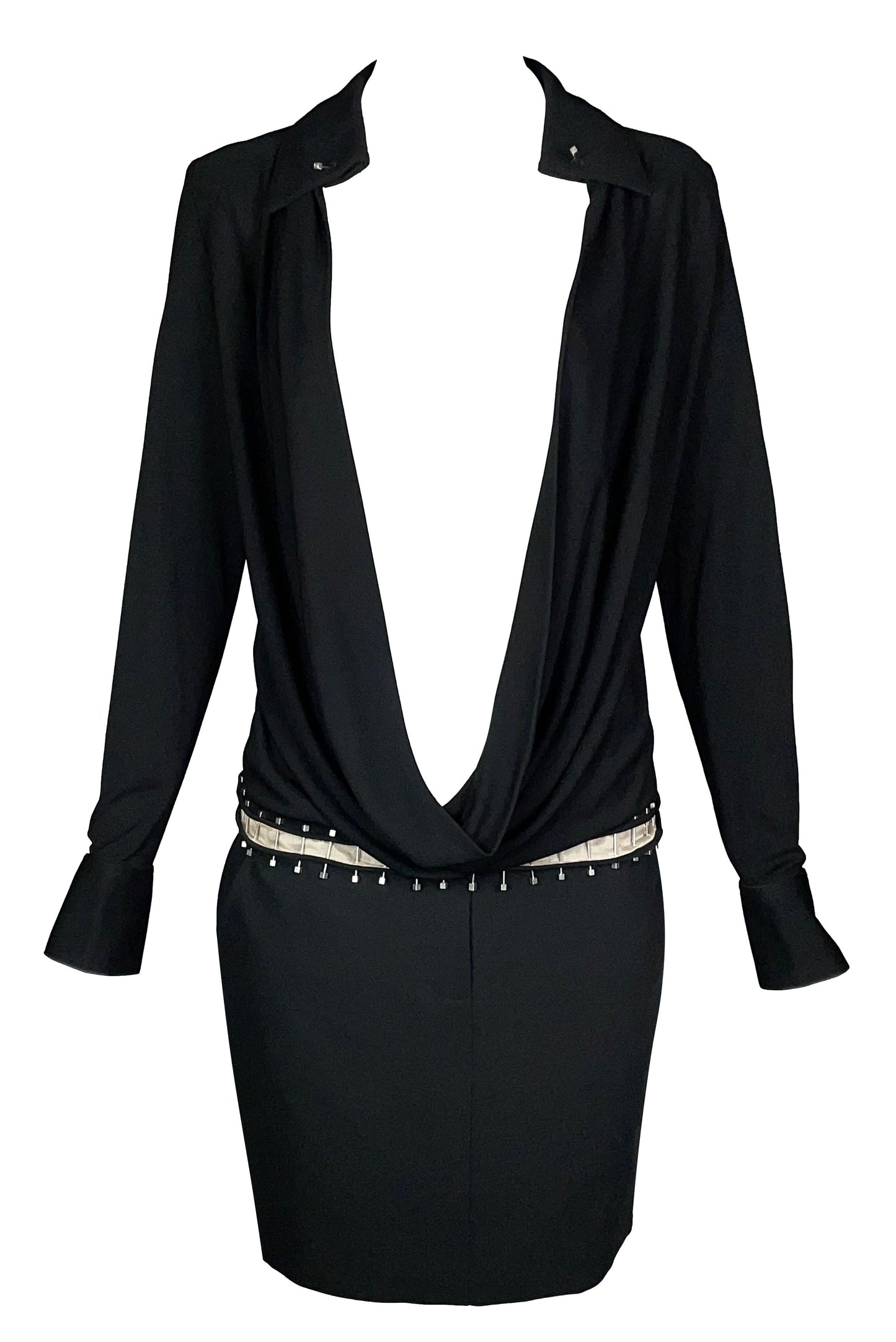 2003 Alexander McQueen Plunging Black Piercing Studded Black Mini Dress
