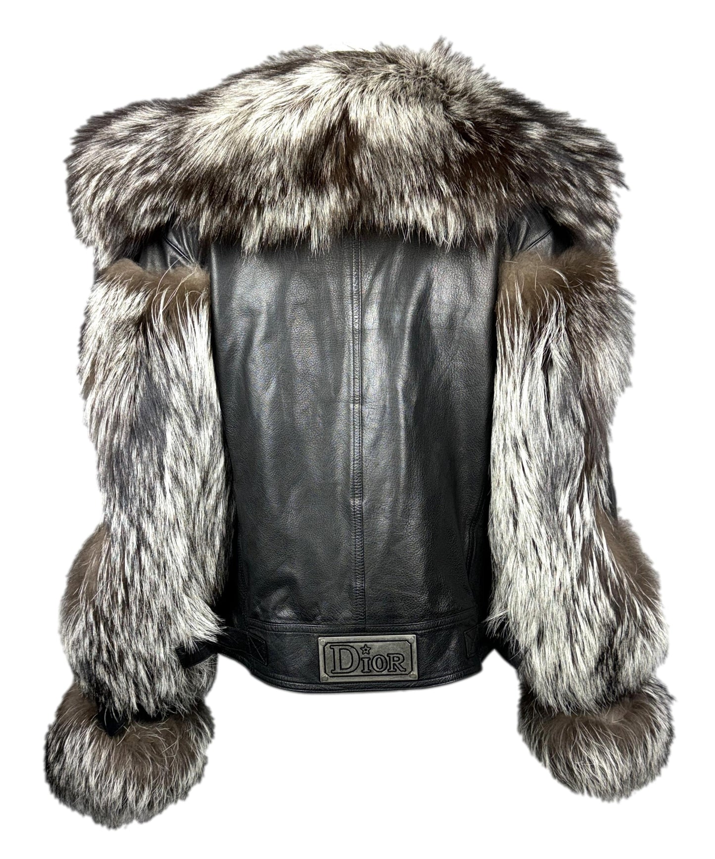 2003 & 2004 Christian Dior x John Galliano Fox Fur Black Leather Biker Jacket Metal Logo Plate & Hardcore Buckle Pencil Skirt Set