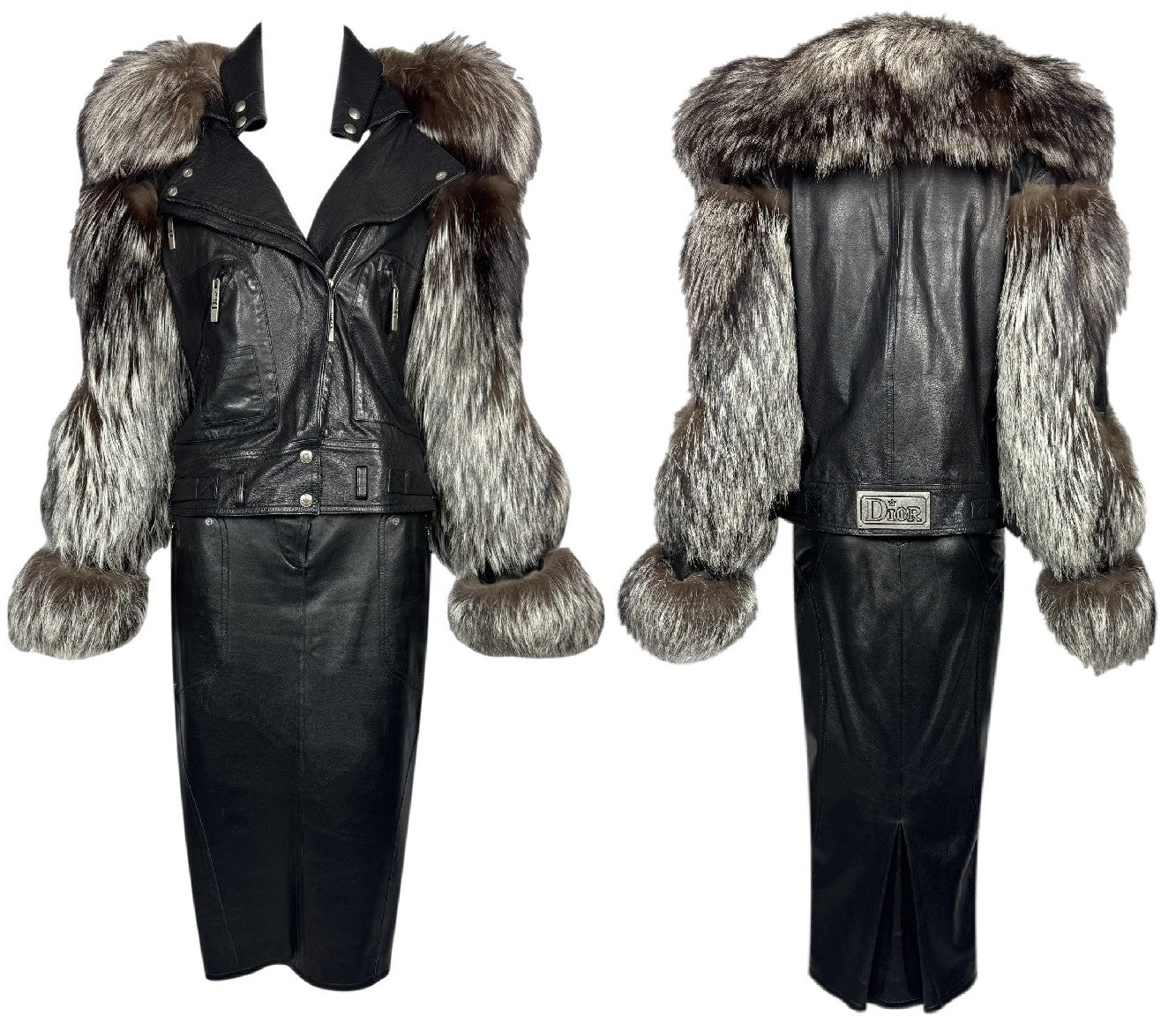 2003 & 2004 Christian Dior x John Galliano Fox Fur Black Leather Biker Jacket Metal Logo Plate & Hardcore Buckle Pencil Skirt Set